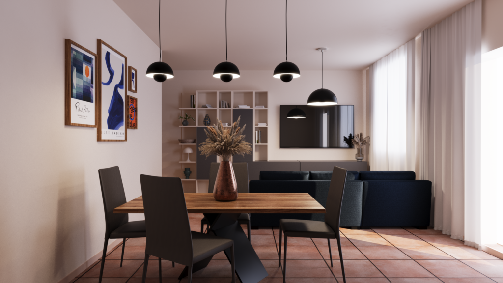 Rendering 3D sala soggiorno Gaglianico — RB Edilizia Biella